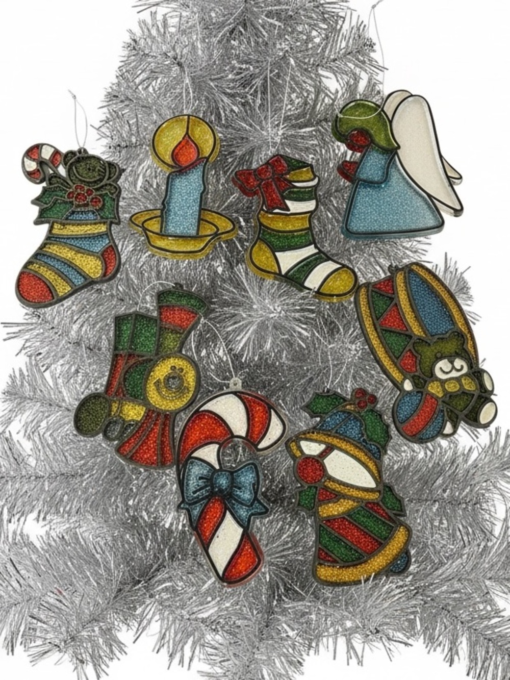 VTG 1970s Faux Stained Glass Christmas Holiday Ornaments Suncatchers Lot of 8